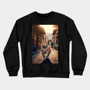 Cute cat walking on a small street Crewneck Sweatshirt